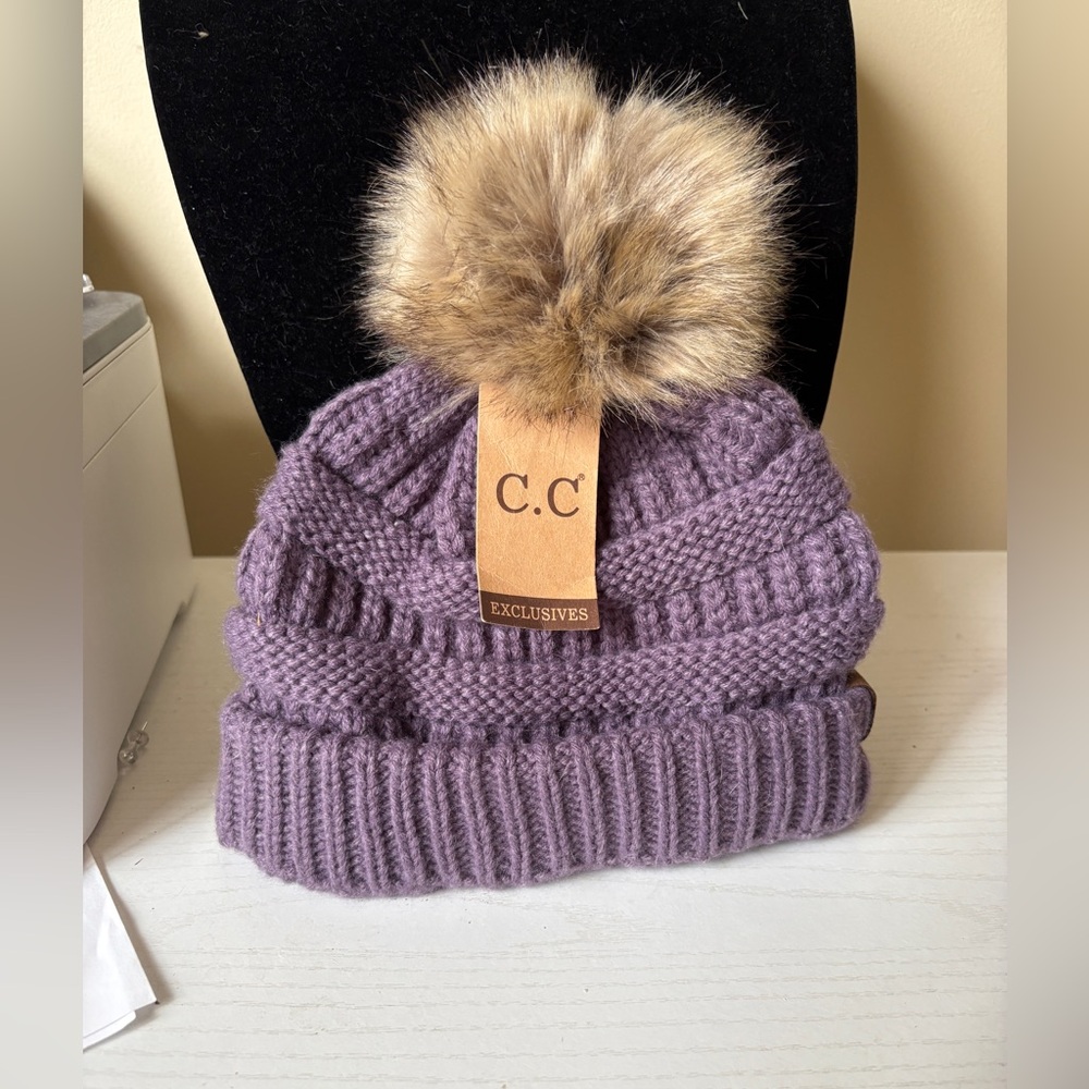 C.C. Exclusive Knit Purple Pom-Pom Hat Beanie